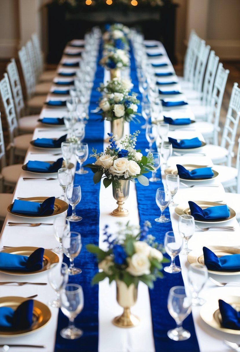 A long table adorned with blue velvet runners, set with white and blue decor for a luxurious wedding ambiance