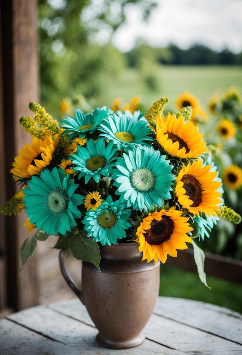 A bouquet of teal daisies and sunflowers arranged in a rustic vase