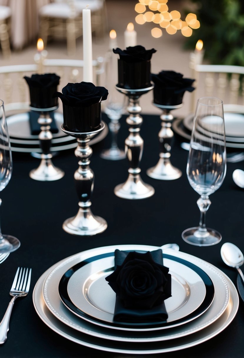 A black table adorned with silver candle holders, black roses, and elegant black and silver place settings