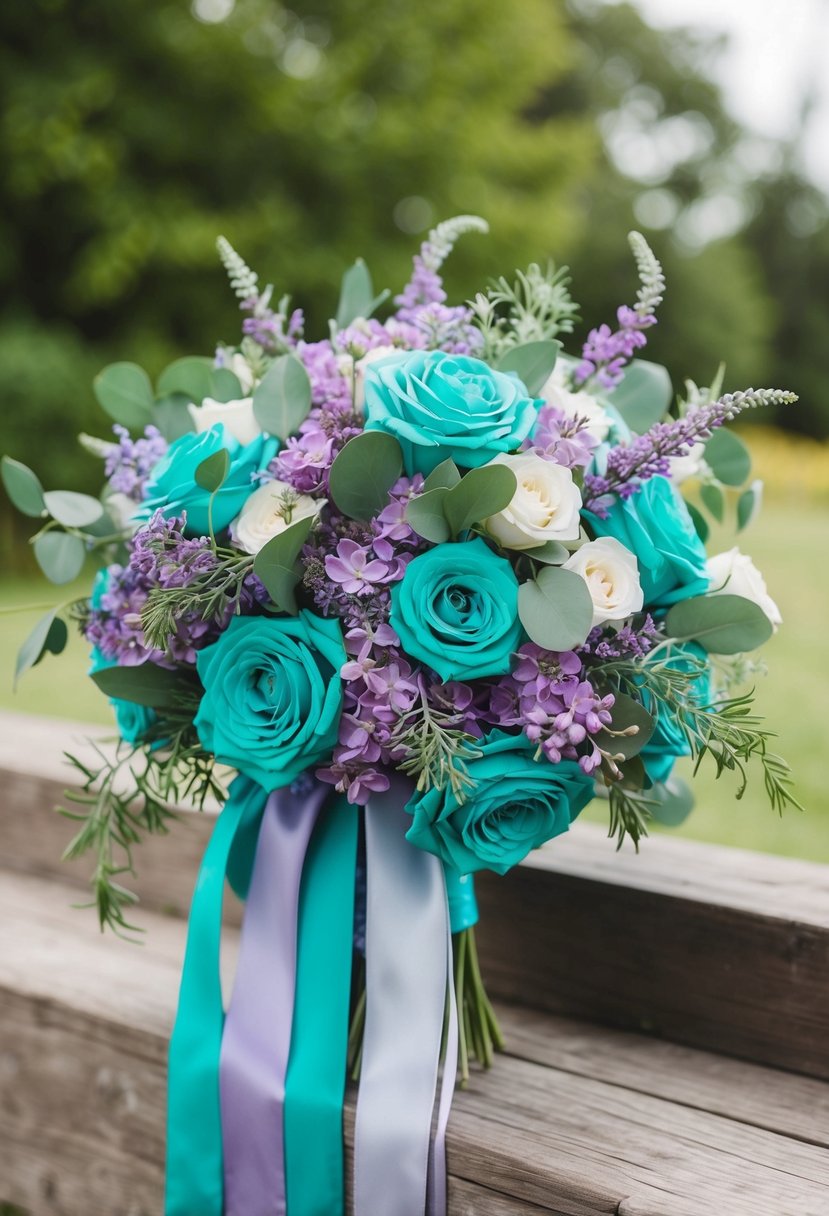 A vibrant teal and lavender lilac wedding bouquet with delicate greenery and cascading ribbons