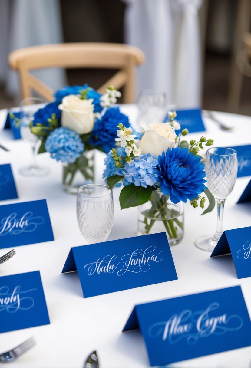 Blue calligraphy place cards arranged on a white table with delicate blue and white floral centerpieces