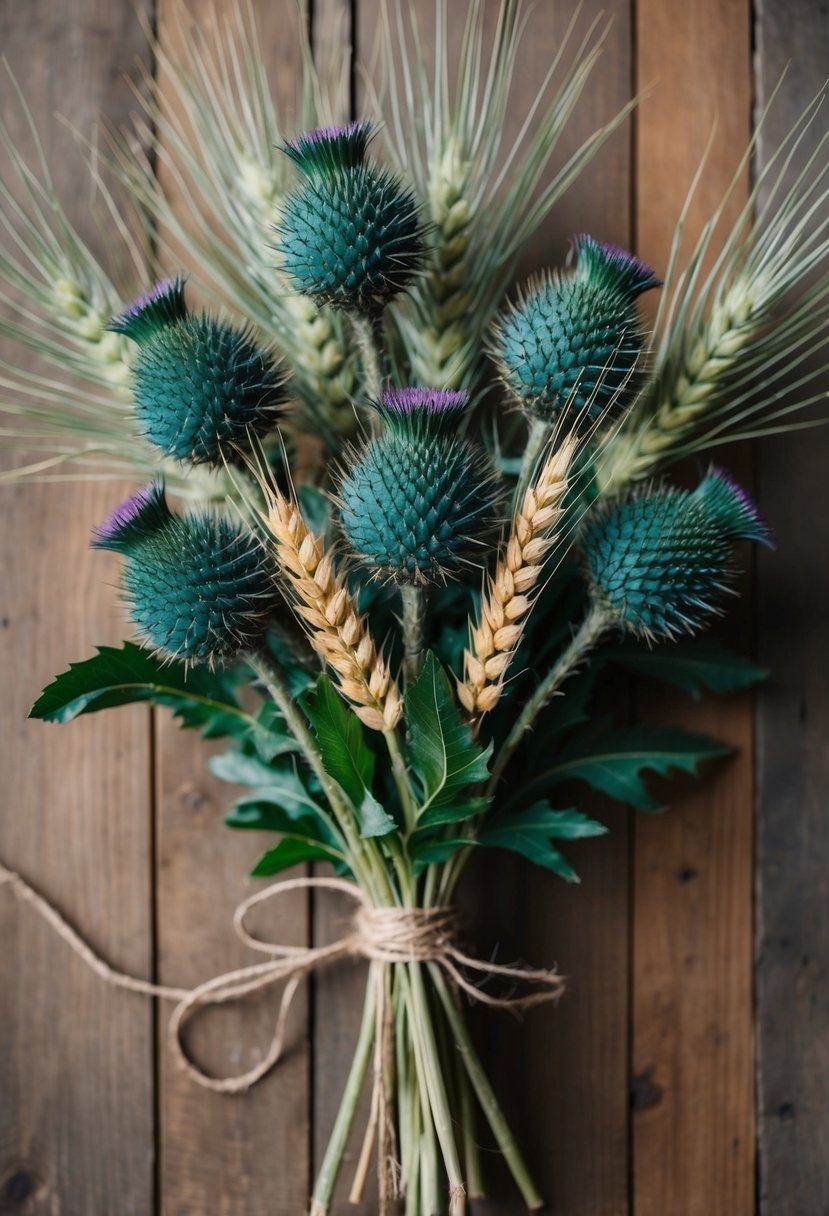 A rustic bouquet of teal thistles and wheat, tied with twine