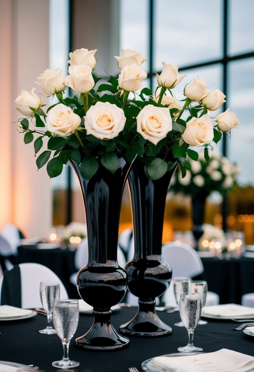 Tall black vases hold white roses on an elegant black wedding table