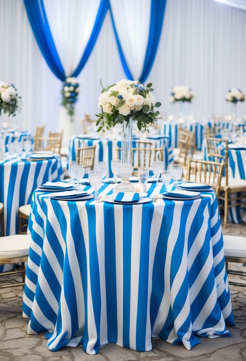 Blue and white striped tablecloths cover tables adorned with matching centerpieces and elegant wedding decor