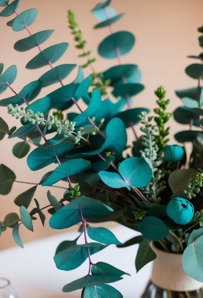 A vibrant teal eucalyptus spray arranged with other teal flowers in a wedding bouquet