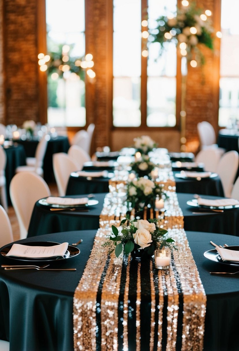 Black sequin table runners shimmering on elegant black wedding tables