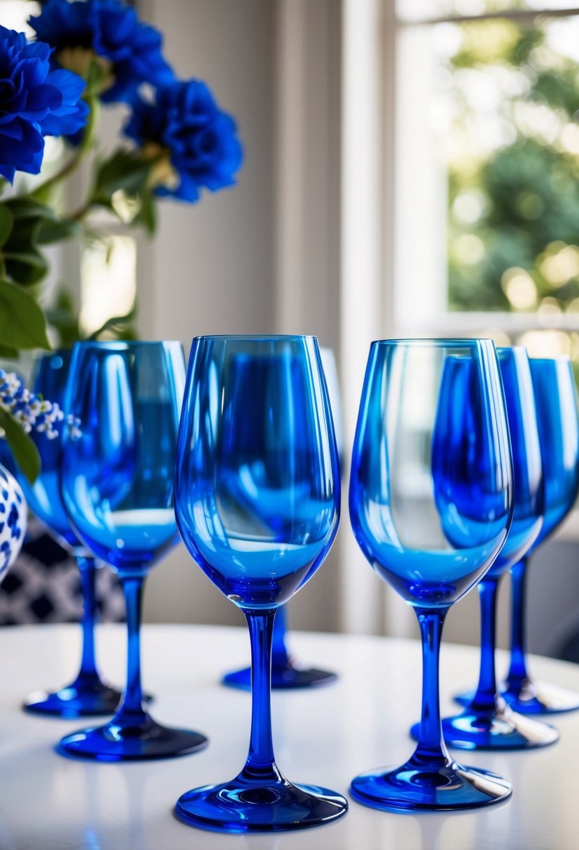 Elegant blue wine glasses arranged on a white table with blue and white decor