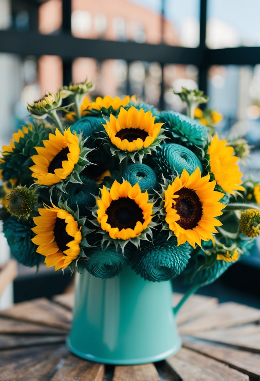 A bouquet of teal sunflowers with yellow accents