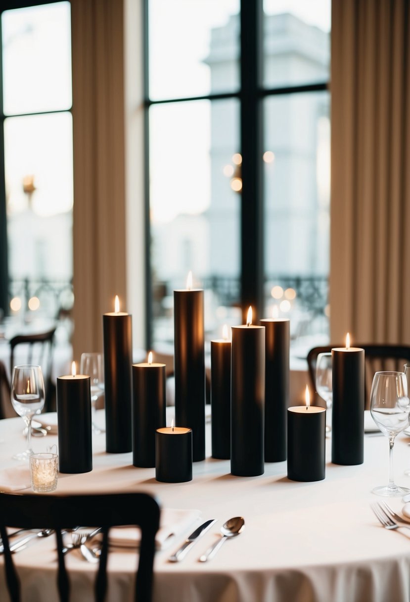 Black matte candle holders arranged on a chic wedding table, casting a soft glow in an elegant setting