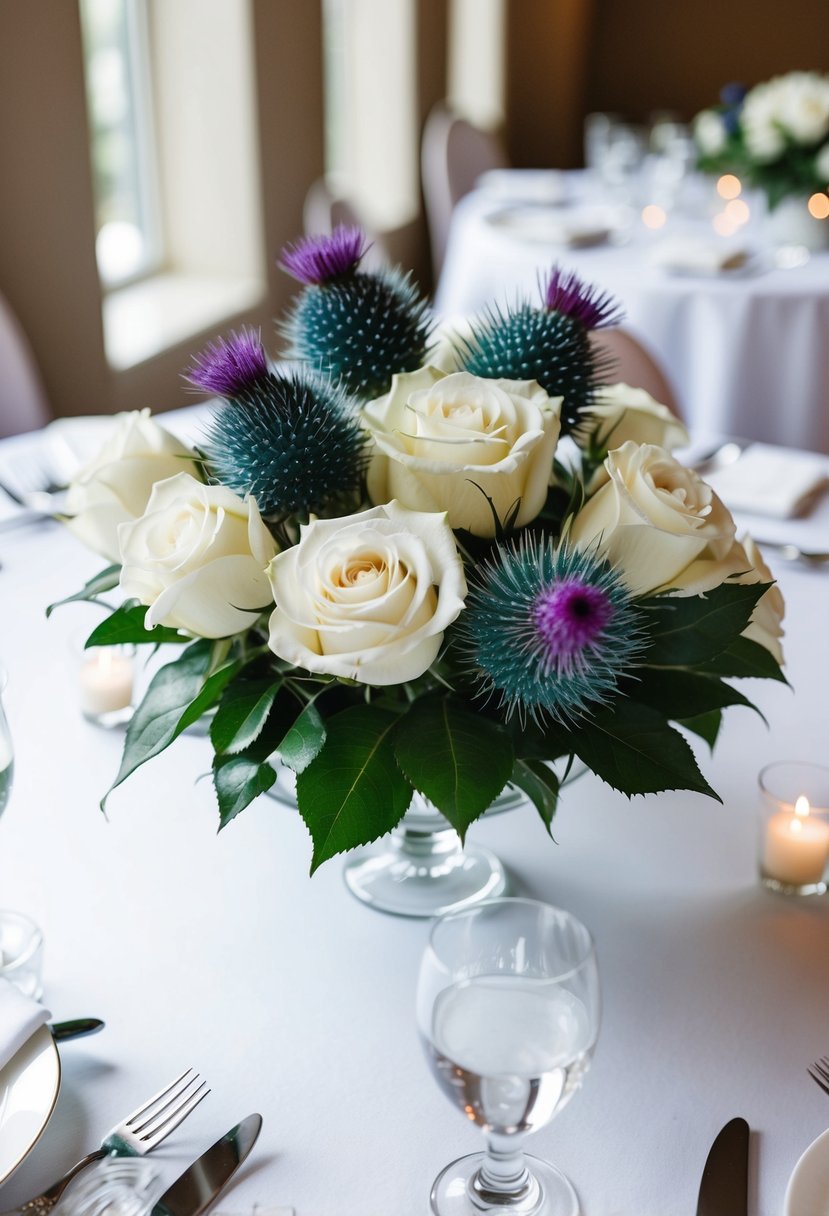 White roses and blue thistles arranged in a centerpiece on a white wedding table