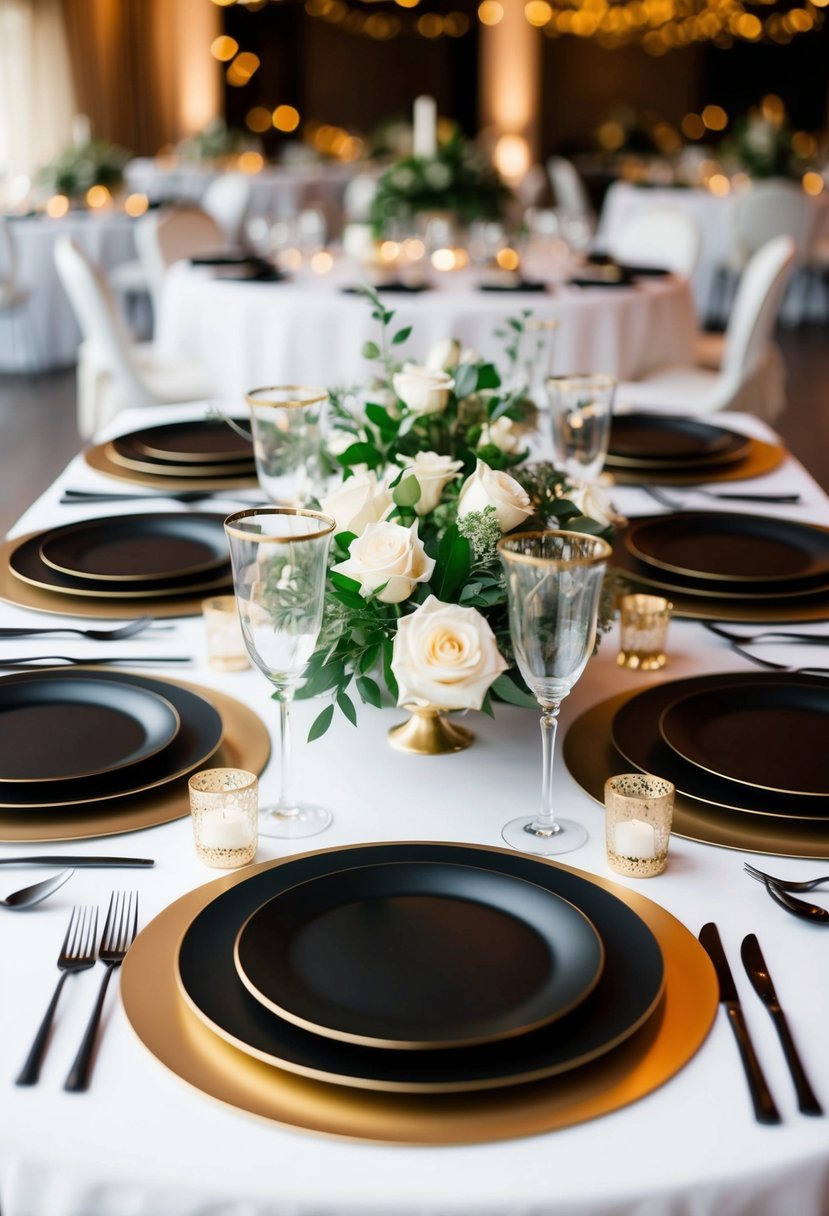 Elegant black and gold placemats arranged on a wedding table, creating a sophisticated and luxurious atmosphere