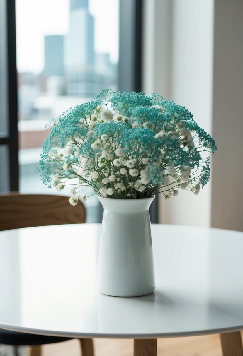 A simple teal baby's breath bouquet in a white vase on a clean, modern table