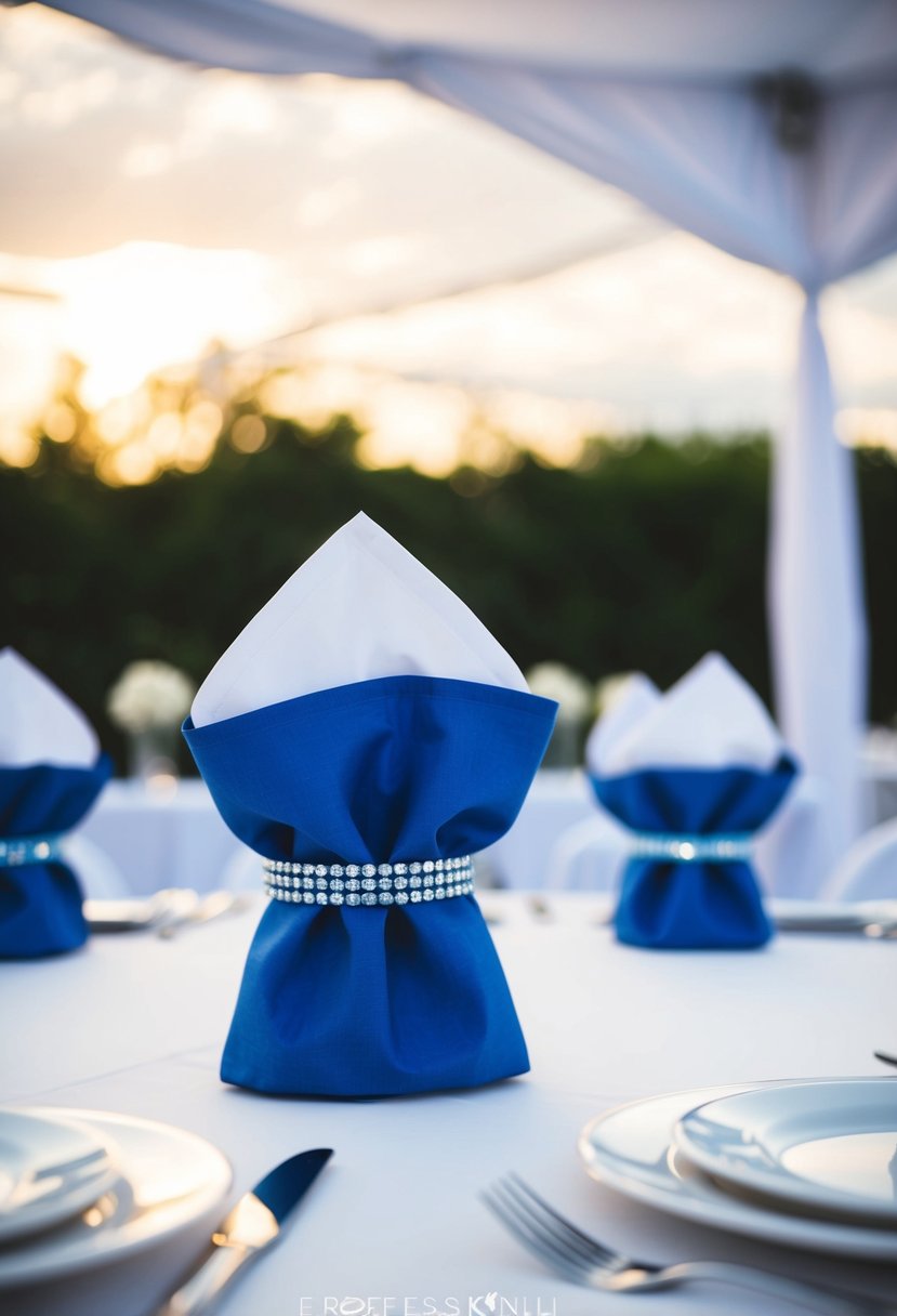 A white table adorned with blue napkin rings, adding a subtle pop of color to a wedding reception