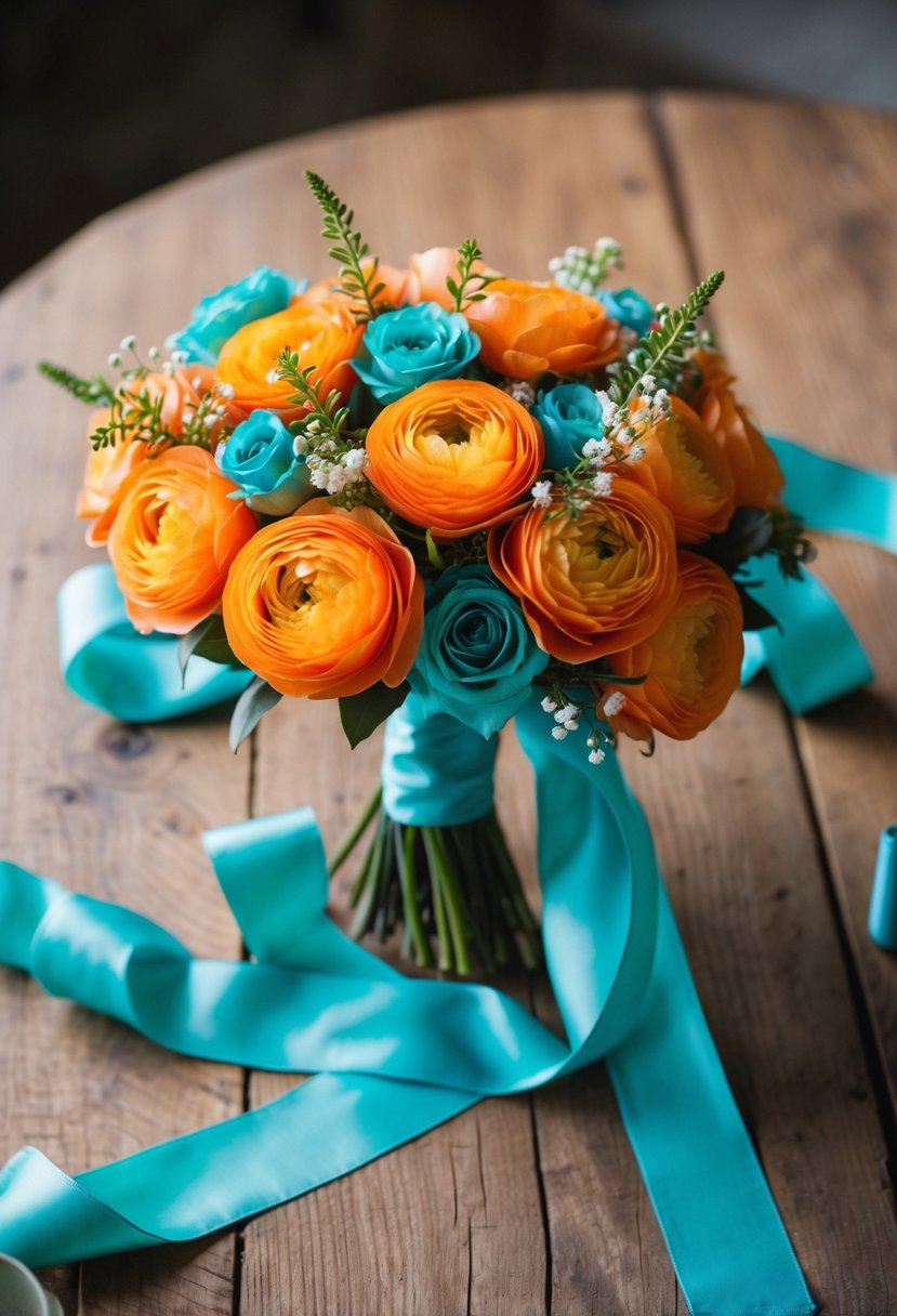 A tangerine and teal wedding bouquet sits on a rustic wooden table, surrounded by teal ribbons and delicate tangerine flowers