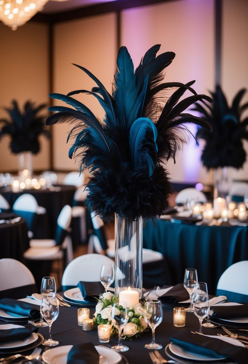 Dramatic table centerpieces with black feathers create a striking wedding decor