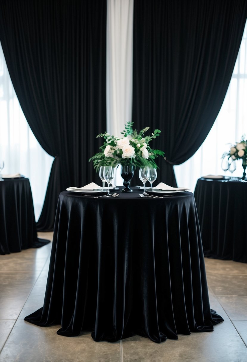 Black velvet tablecloths drape over tables, creating a luxurious and elegant atmosphere for a black-themed wedding