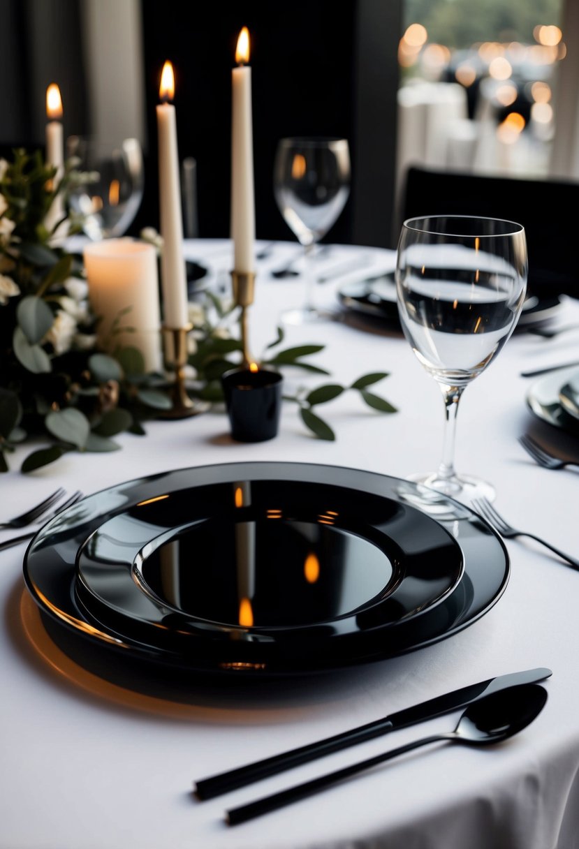 A sleek black glass charger sits beneath a modern black wedding table setting, adorned with contemporary decorations