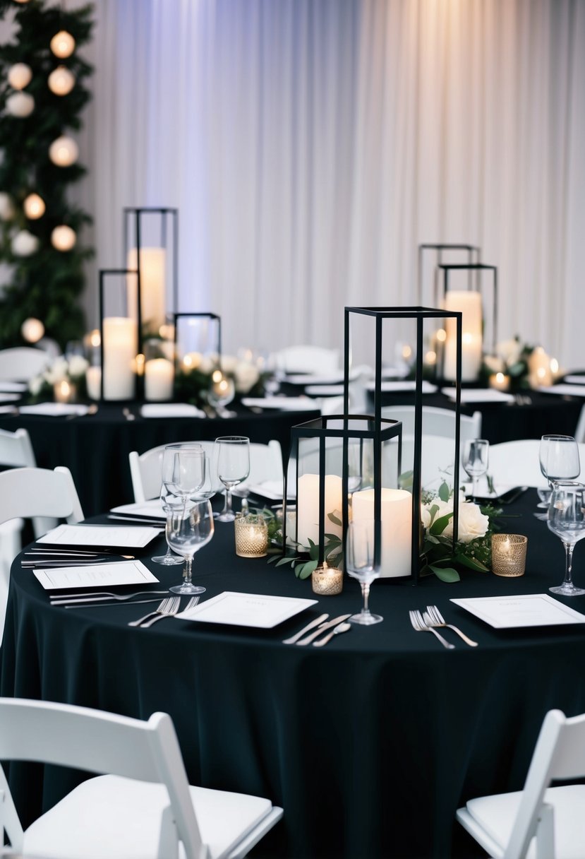 A sleek black table adorned with minimalistic geometric lanterns, creating a modern and elegant wedding decoration