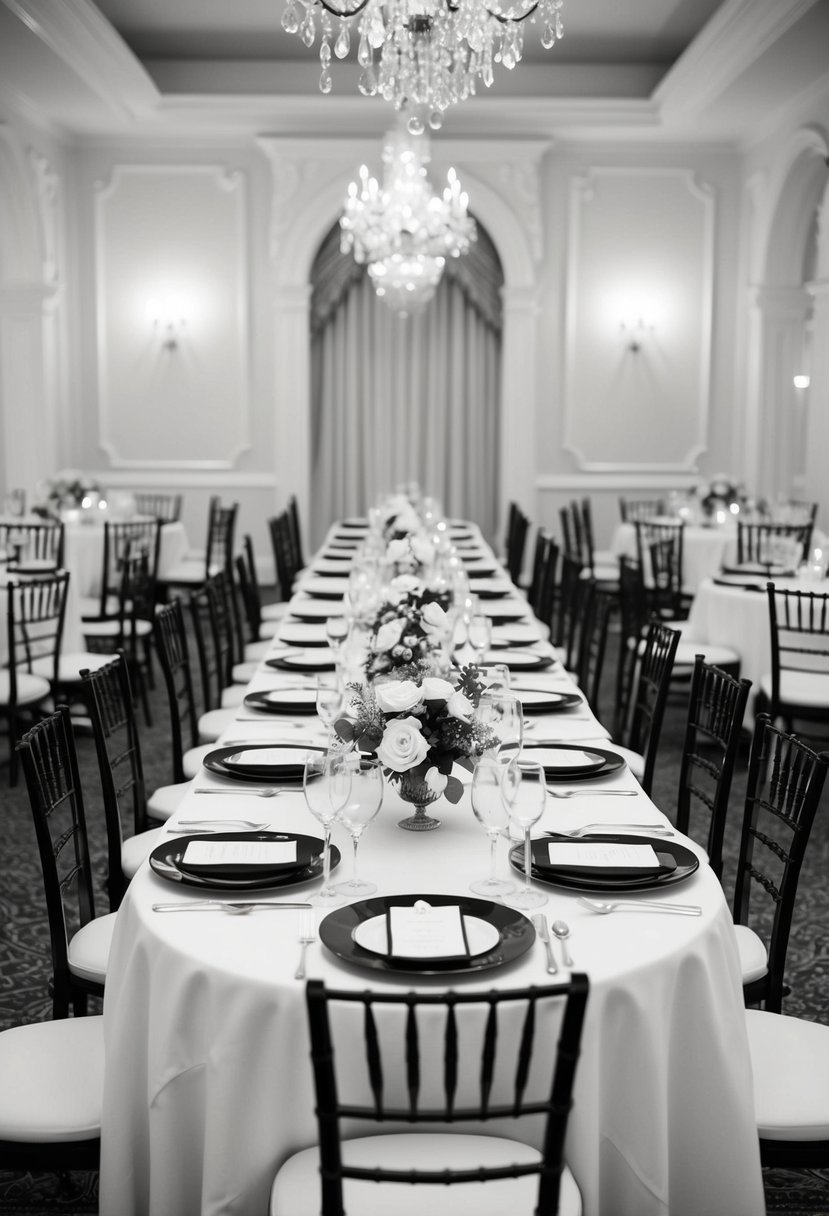 A classic black and white dining set adorned with elegant wedding table decorations