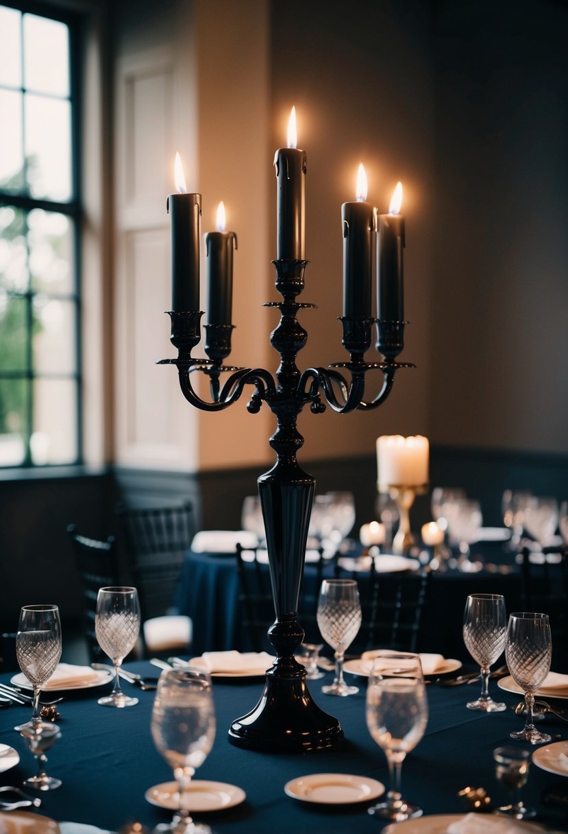 A black candelabra stands tall on a vintage wedding table, adding an elegant touch to the dark and moody decor