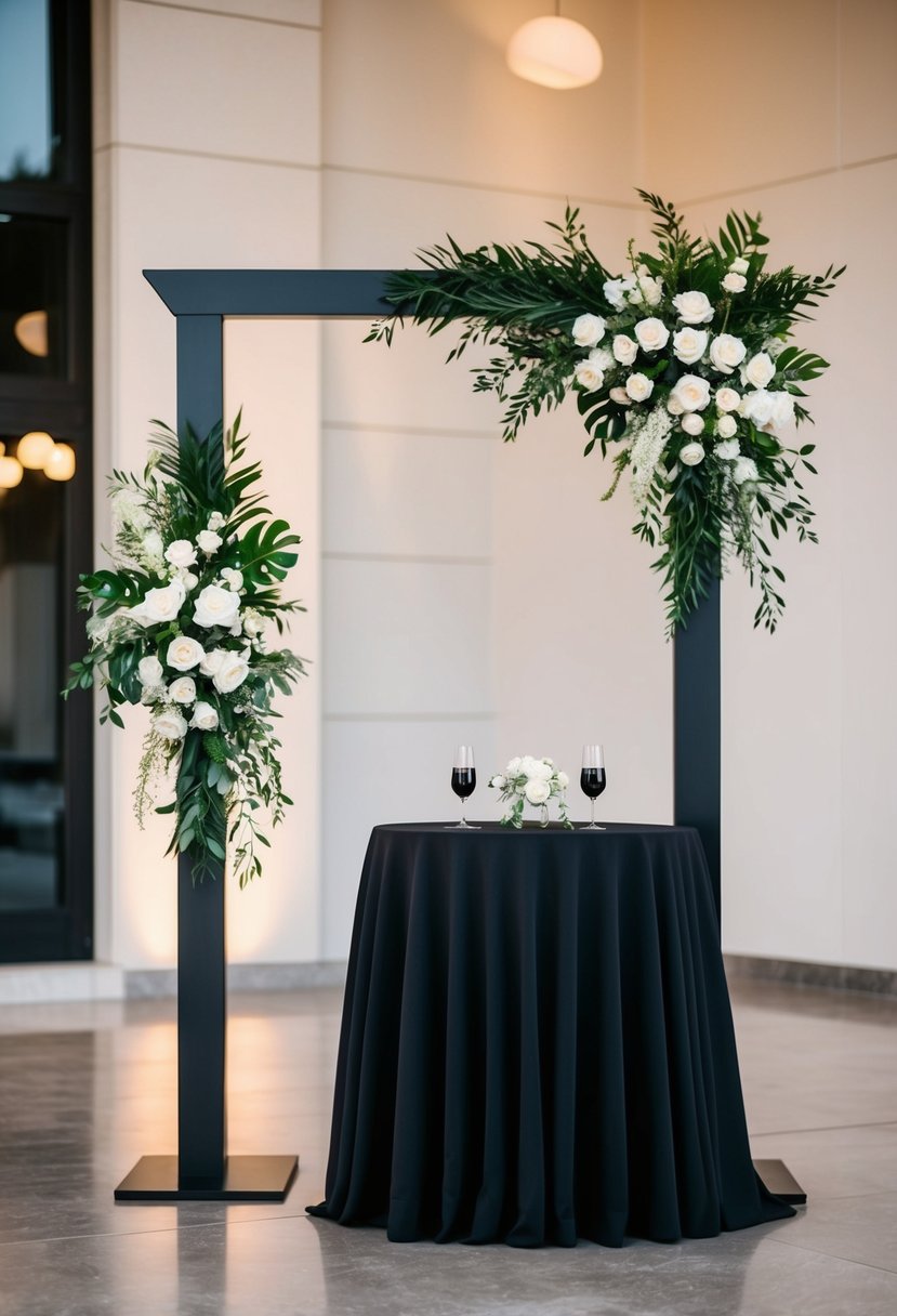 An asymmetrical black wedding arch stands beside a stylishly decorated black wedding table