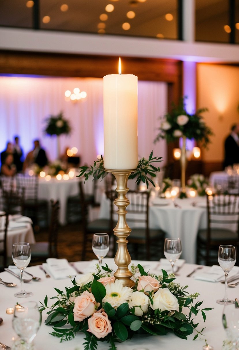 A tall candle centerpiece surrounded by flowers and greenery on a wedding reception table