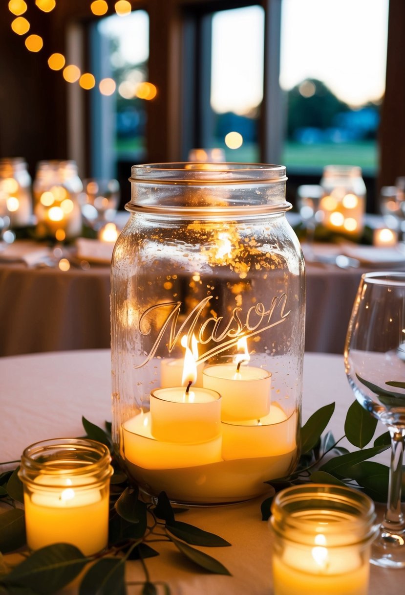 A mason jar centerpiece with floating candles illuminates a wedding table, creating a warm and romantic atmosphere