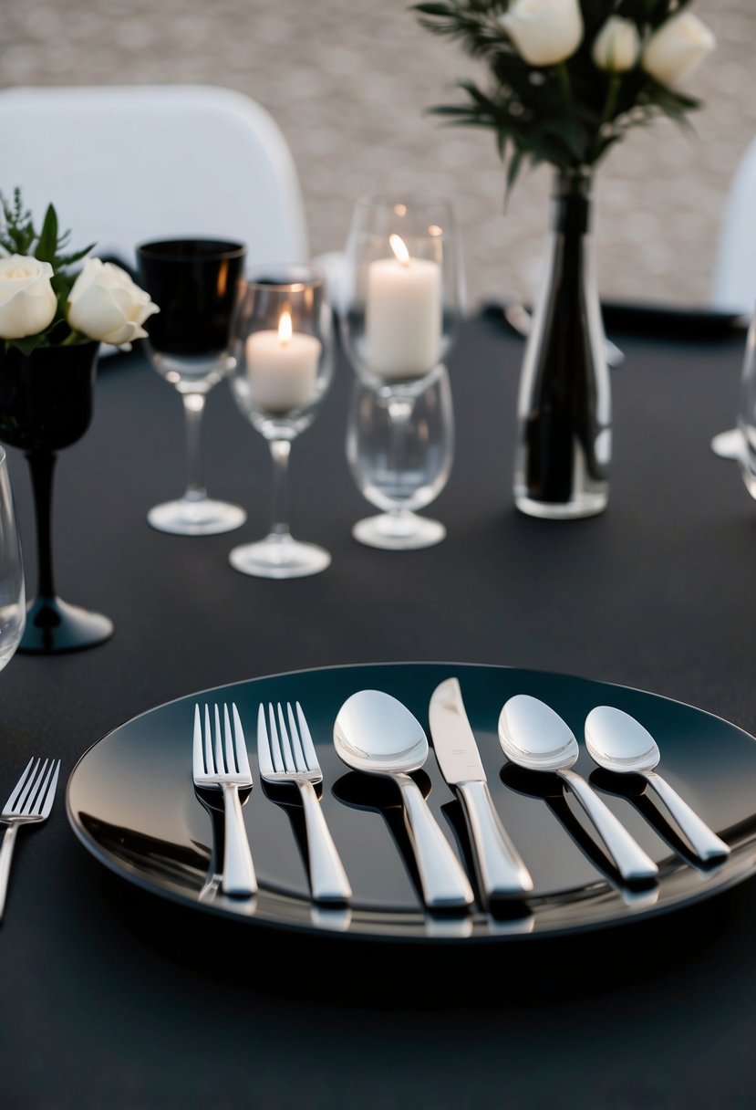 A black and silver cutlery set arranged on a sleek black wedding table, with minimalist decorations