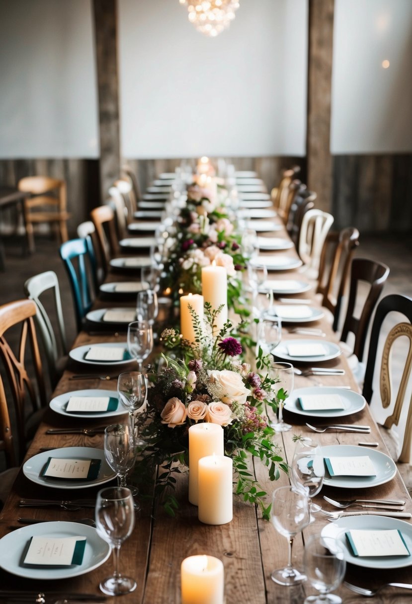 A long wooden table adorned with rustic floral centerpieces and candles, surrounded by mismatched vintage chairs