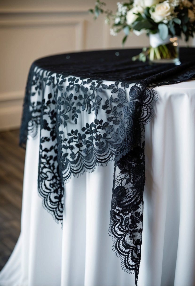 A black lace table overlay drapes elegantly over a sleek wedding table, adding a touch of sophistication and unique style to the decor