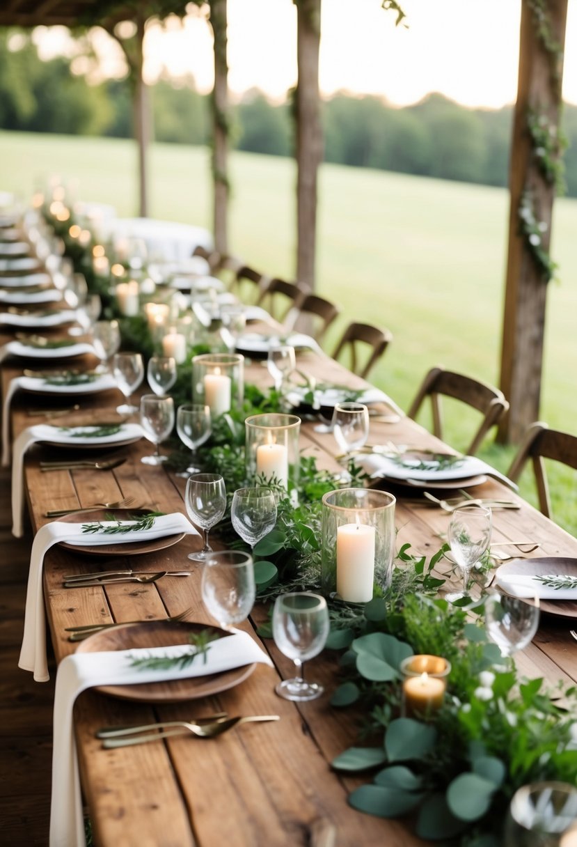 Rustic wooden tables adorned with greenery garlands for a family-style wedding