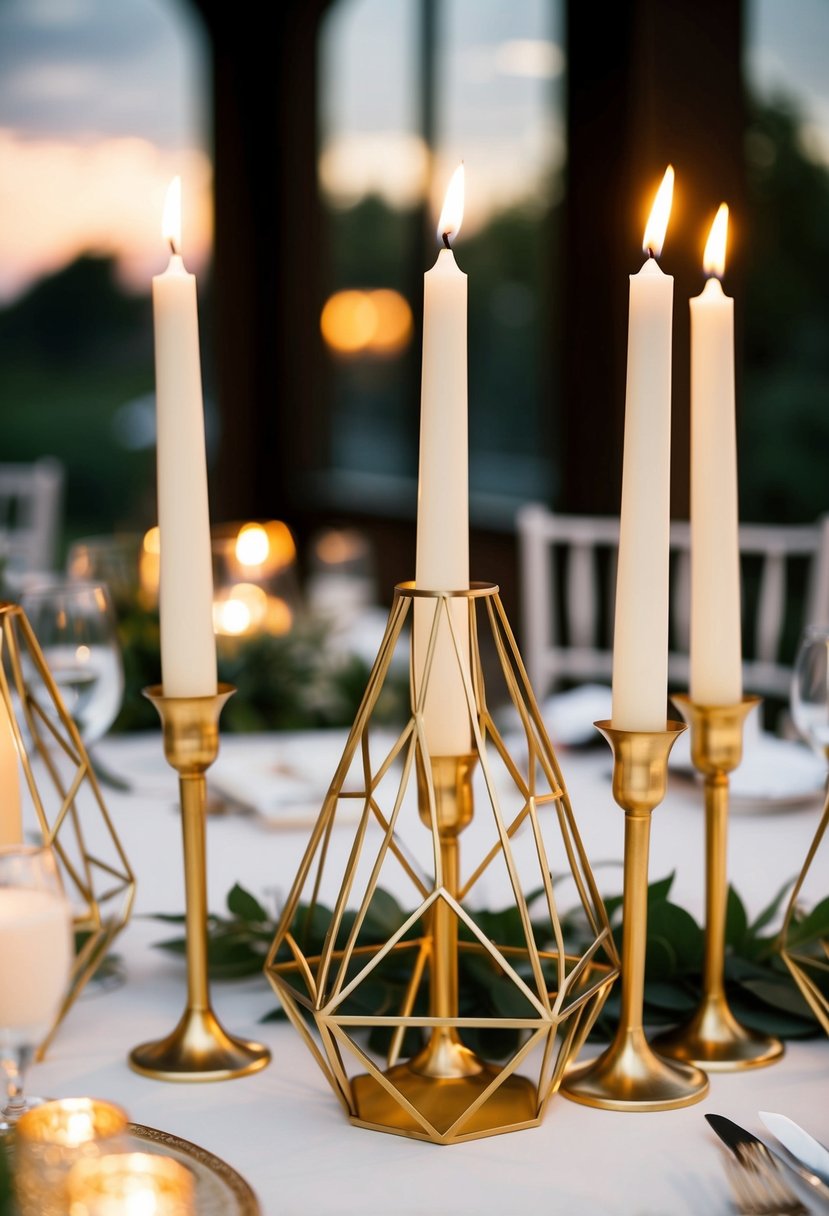 Gold geometric lanterns hold taper candles on a wedding table