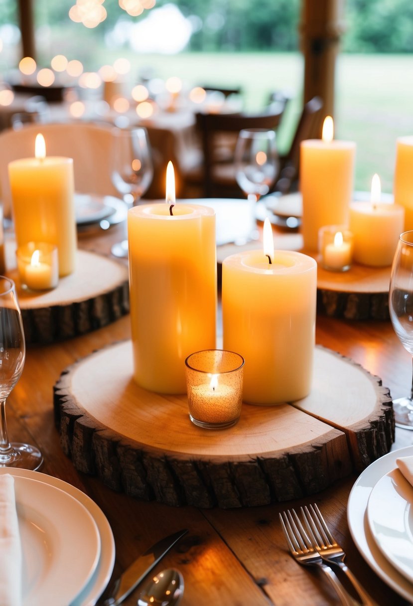 Rustic wooden slices topped with pillar candles create a warm and inviting wedding table centerpiece