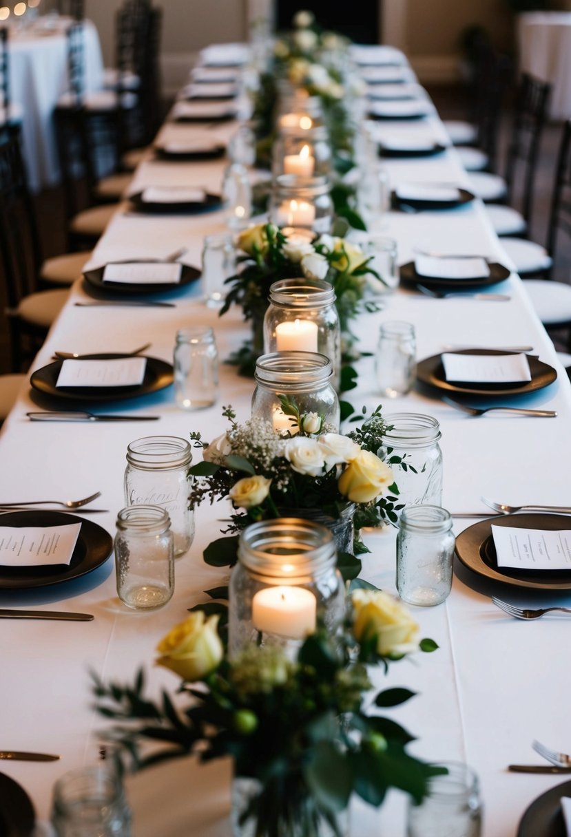 A long white linen table adorned with mason jar centerpieces, set in a family-style arrangement for a wedding celebration