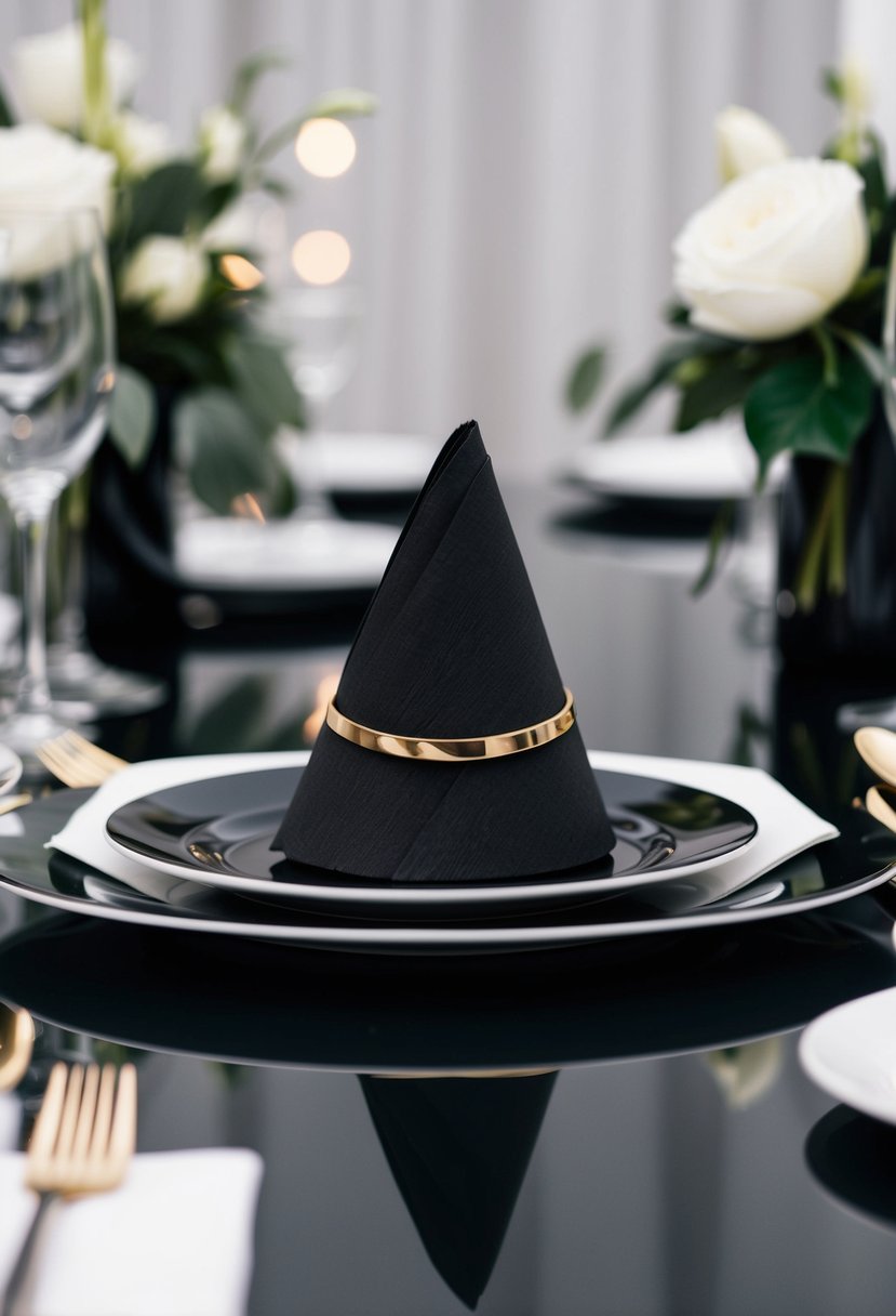 A modern black paper napkin ring sits on a sleek black wedding table, surrounded by elegant table decorations