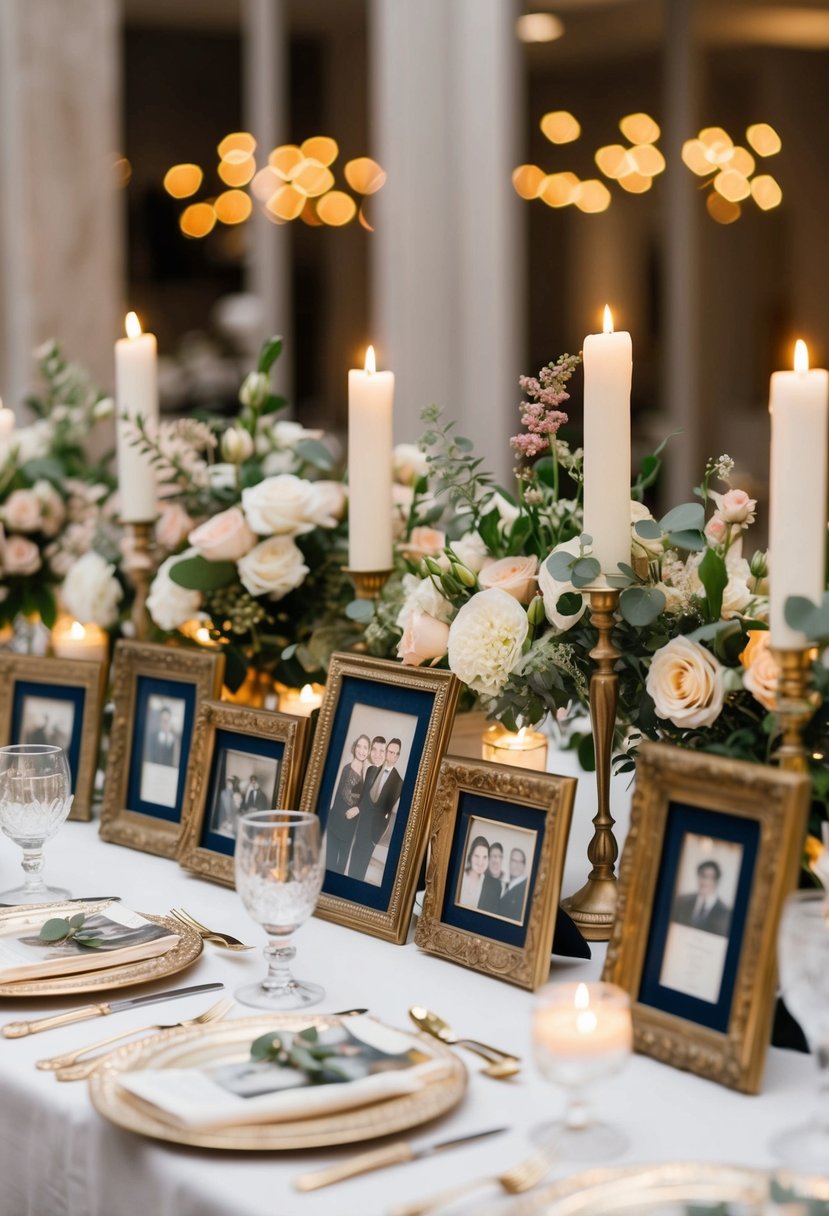 A table adorned with vintage family photos in decorative frames, surrounded by elegant floral arrangements and candlelight