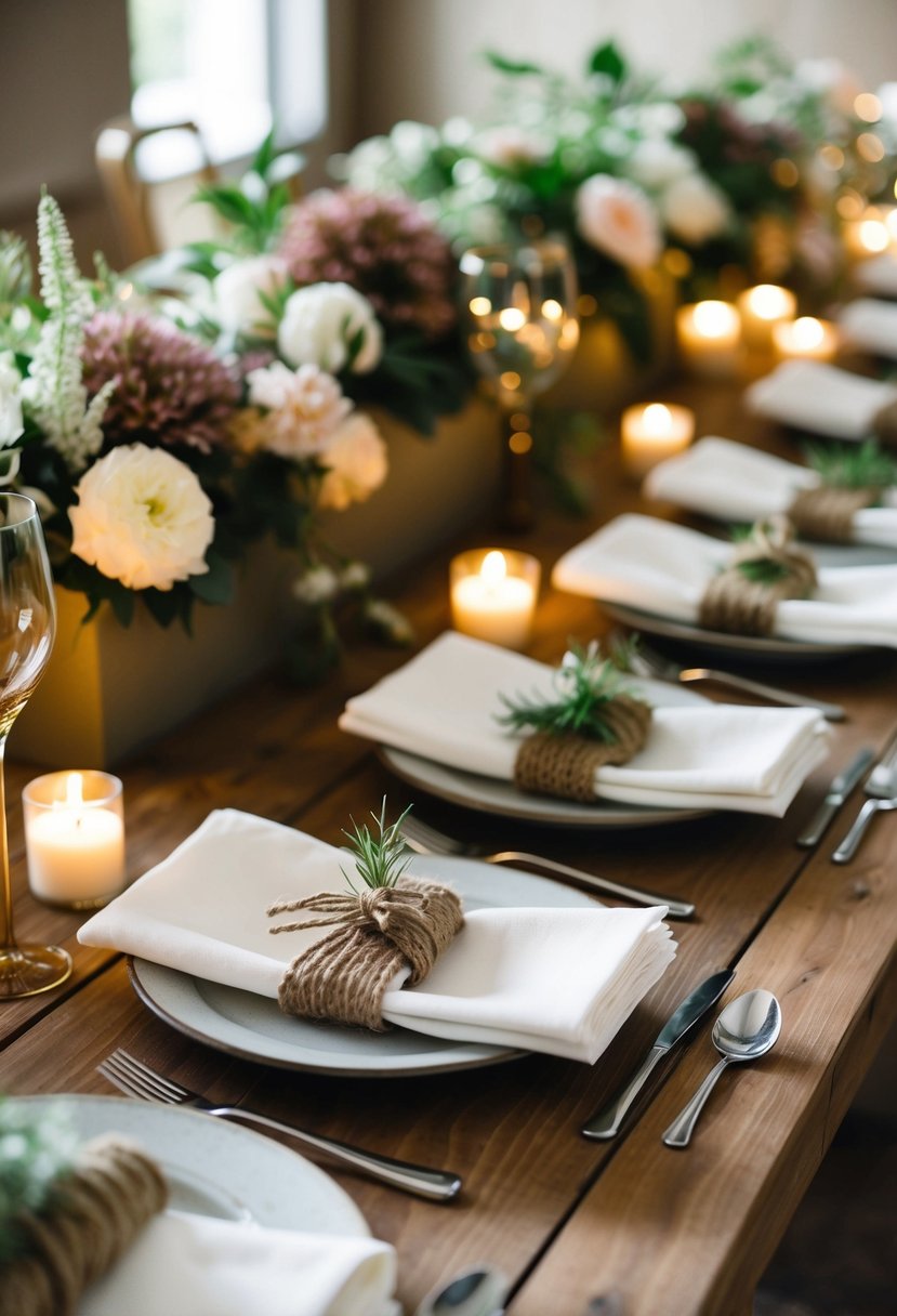 Twine-wrapped napkins arranged neatly on wooden table with soft candlelight and rustic floral centerpieces