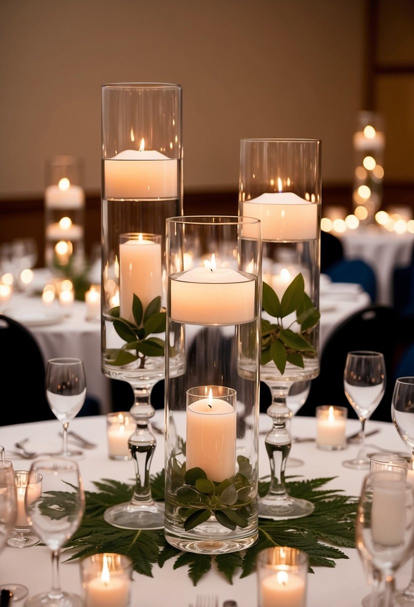 Glass hurricane vases with tealight candles arranged as high centerpieces on a wedding reception table