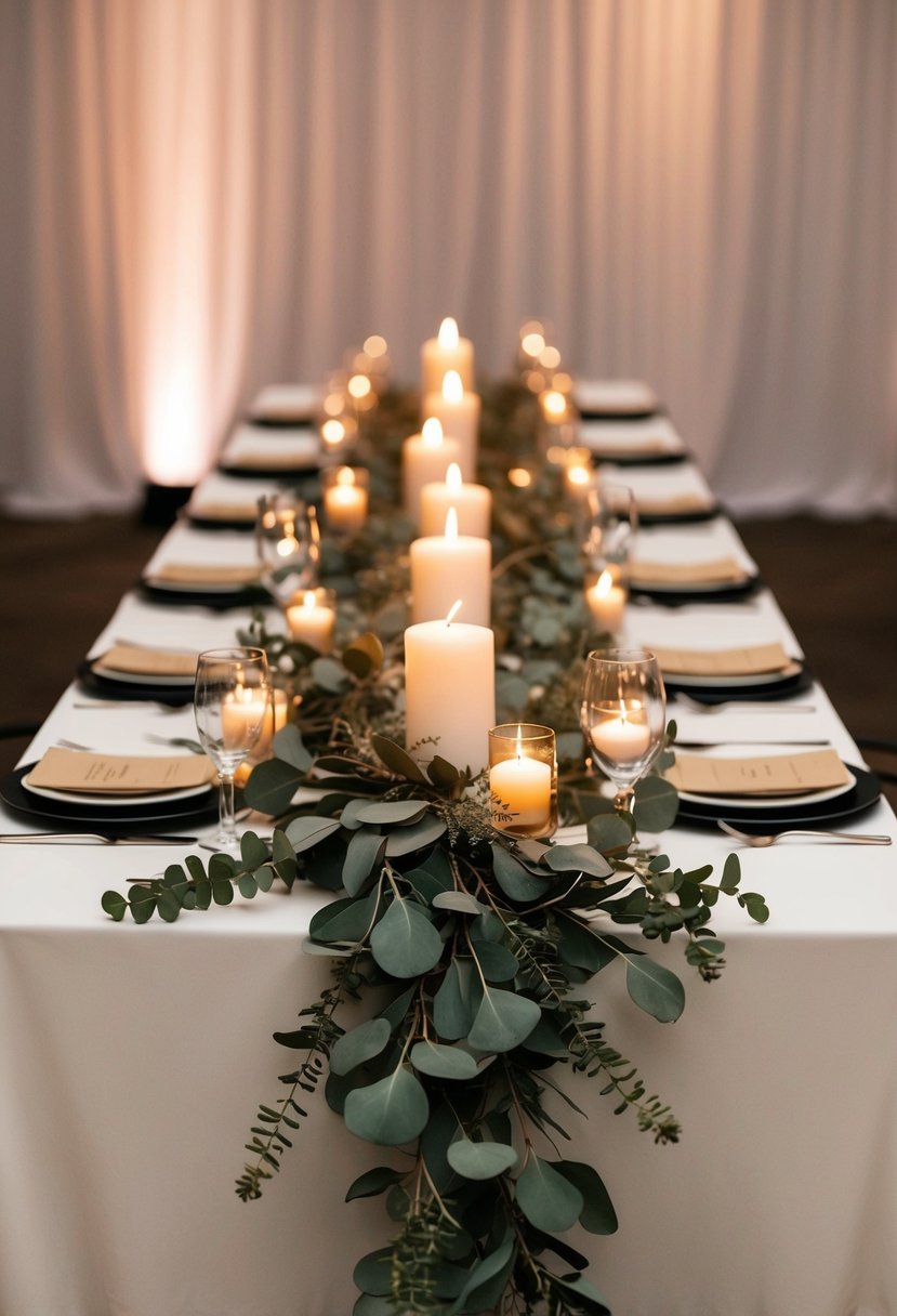 A eucalyptus garland wraps around a high wedding table, adorned with votive candles casting a warm glow