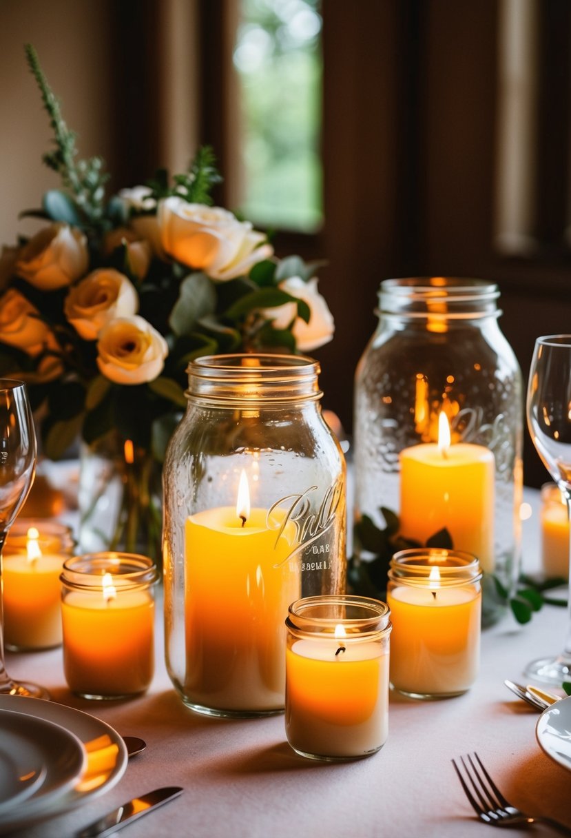 Glass jars with lit candles create warm ambiance on a family-style wedding table