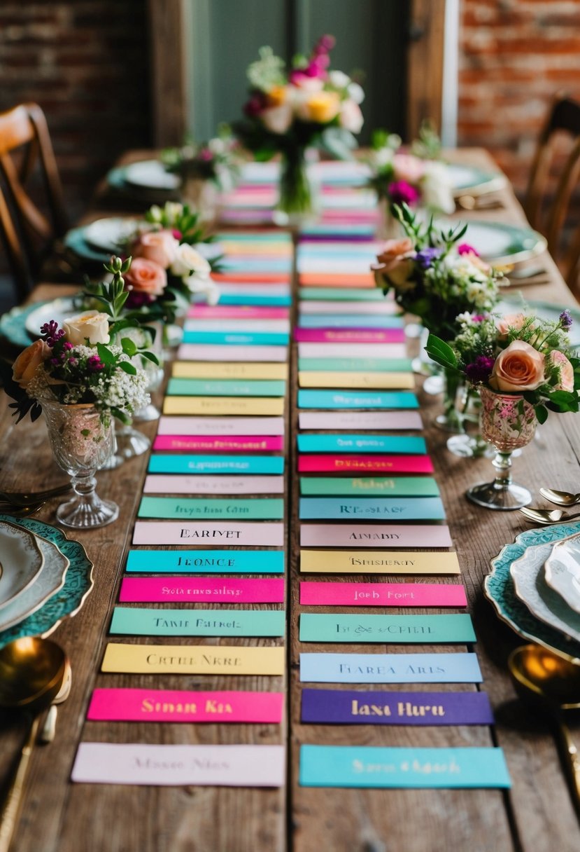 Colorful name cards arranged on a rustic wooden table with floral centerpieces and vintage tableware