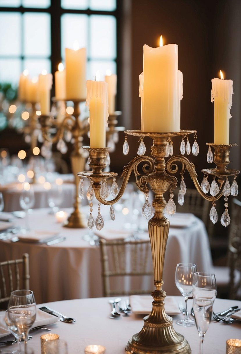 Elegant vintage candelabras adorned with dripless candles, creating a romantic ambiance for a high candle wedding table decoration