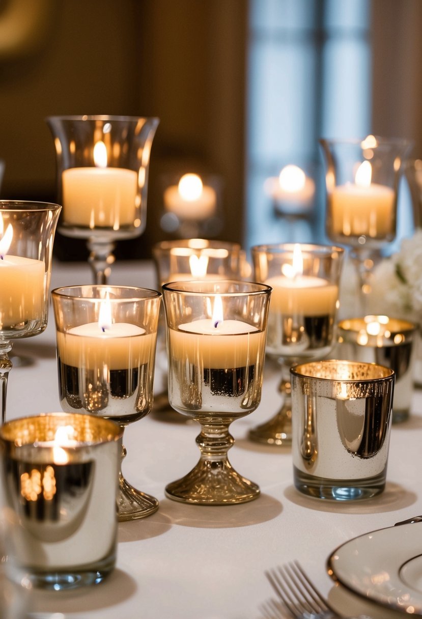 Mercury glass votives with scented candles arranged on a high wedding table, creating an elegant and romantic atmosphere