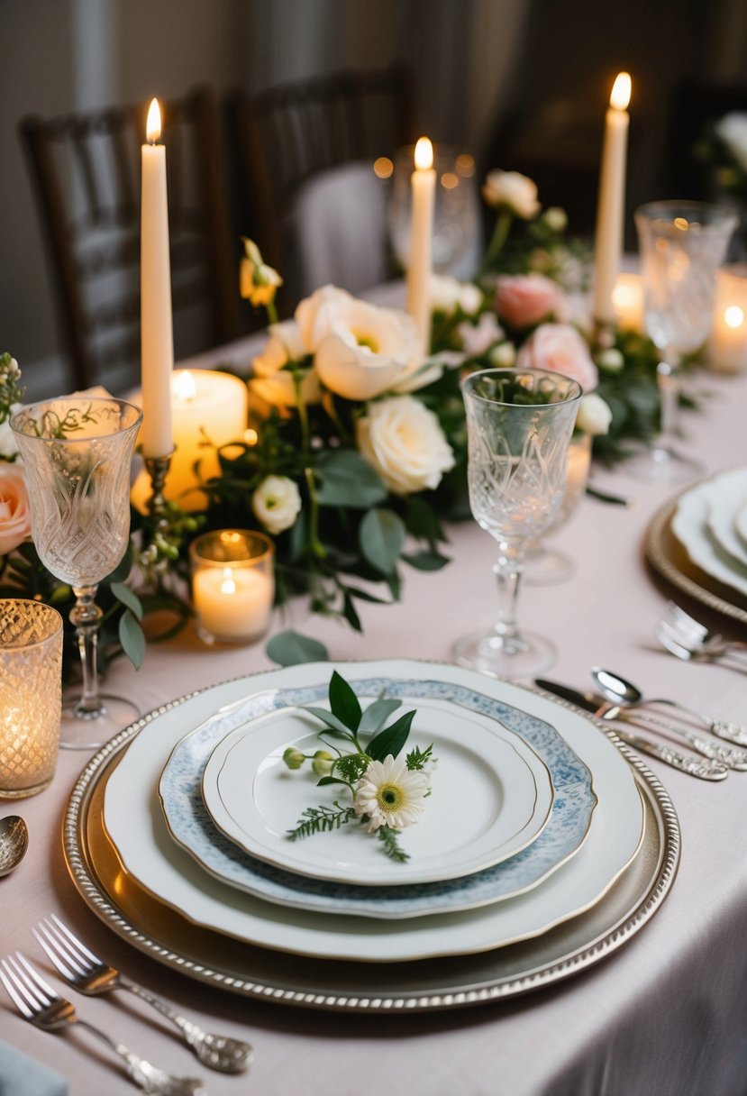 A family-style wedding table set with heirloom silverware and delicate china, adorned with floral centerpieces and soft candlelight