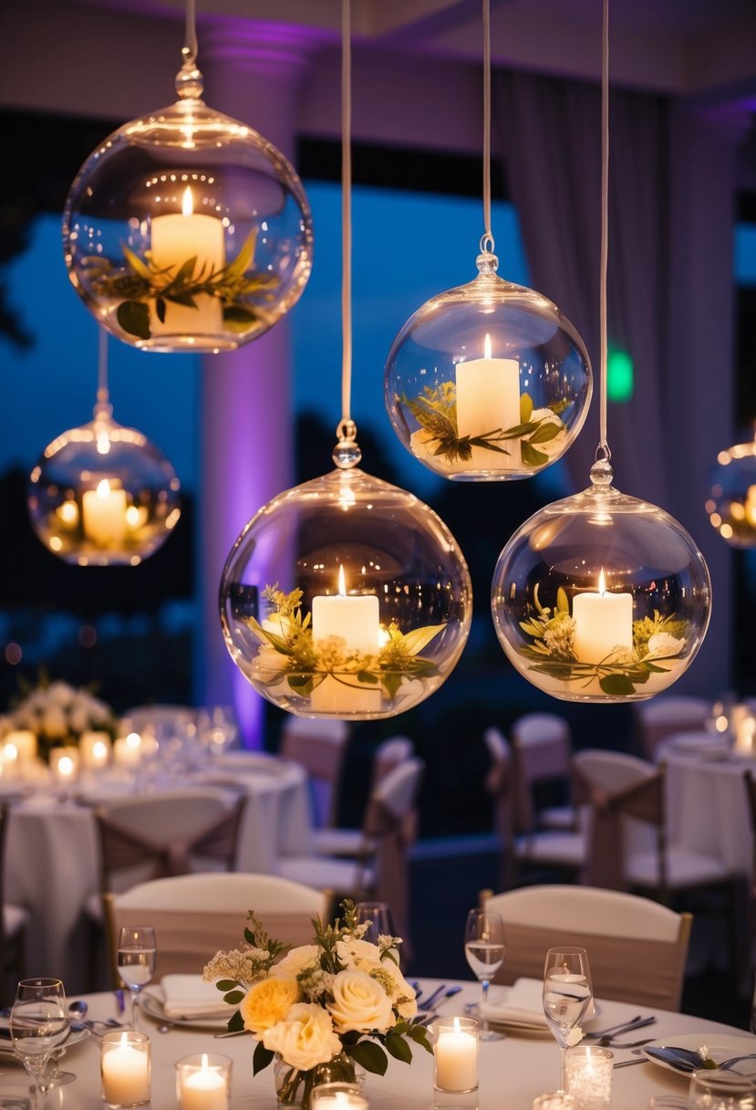 Several glass orbs filled with LED candles hang above an elegant wedding table, casting a warm and romantic glow