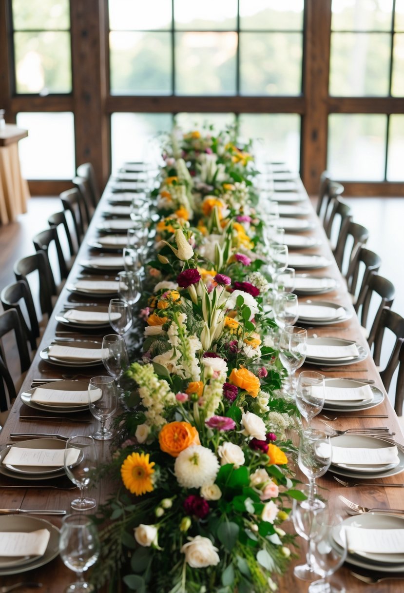 A long wooden table adorned with an abundance of fresh floral arrangements, featuring seasonal blooms in a family-style wedding setting