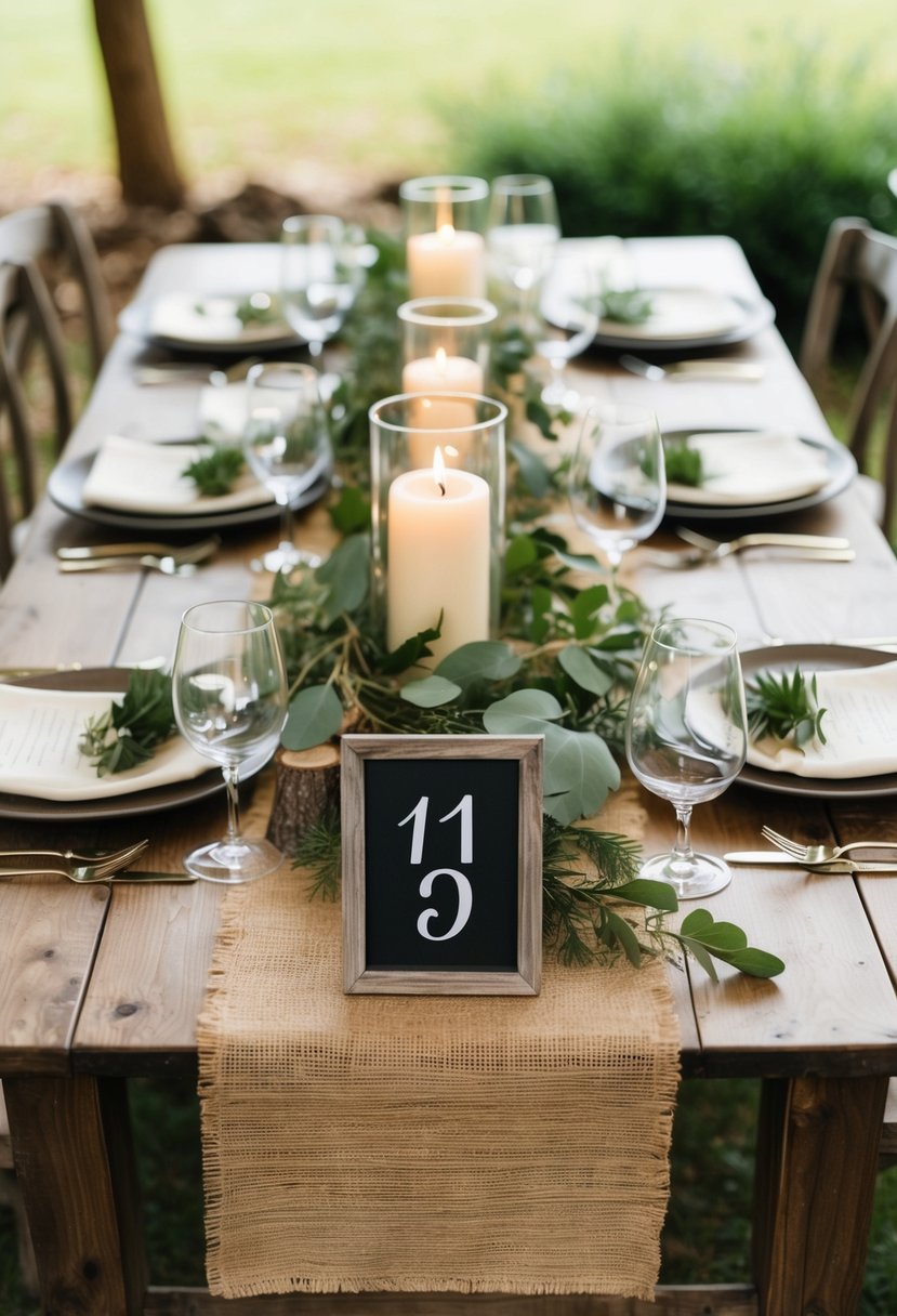 A rustic wooden table with numbers set on a burlap runner, surrounded by greenery and natural accents for a family style wedding