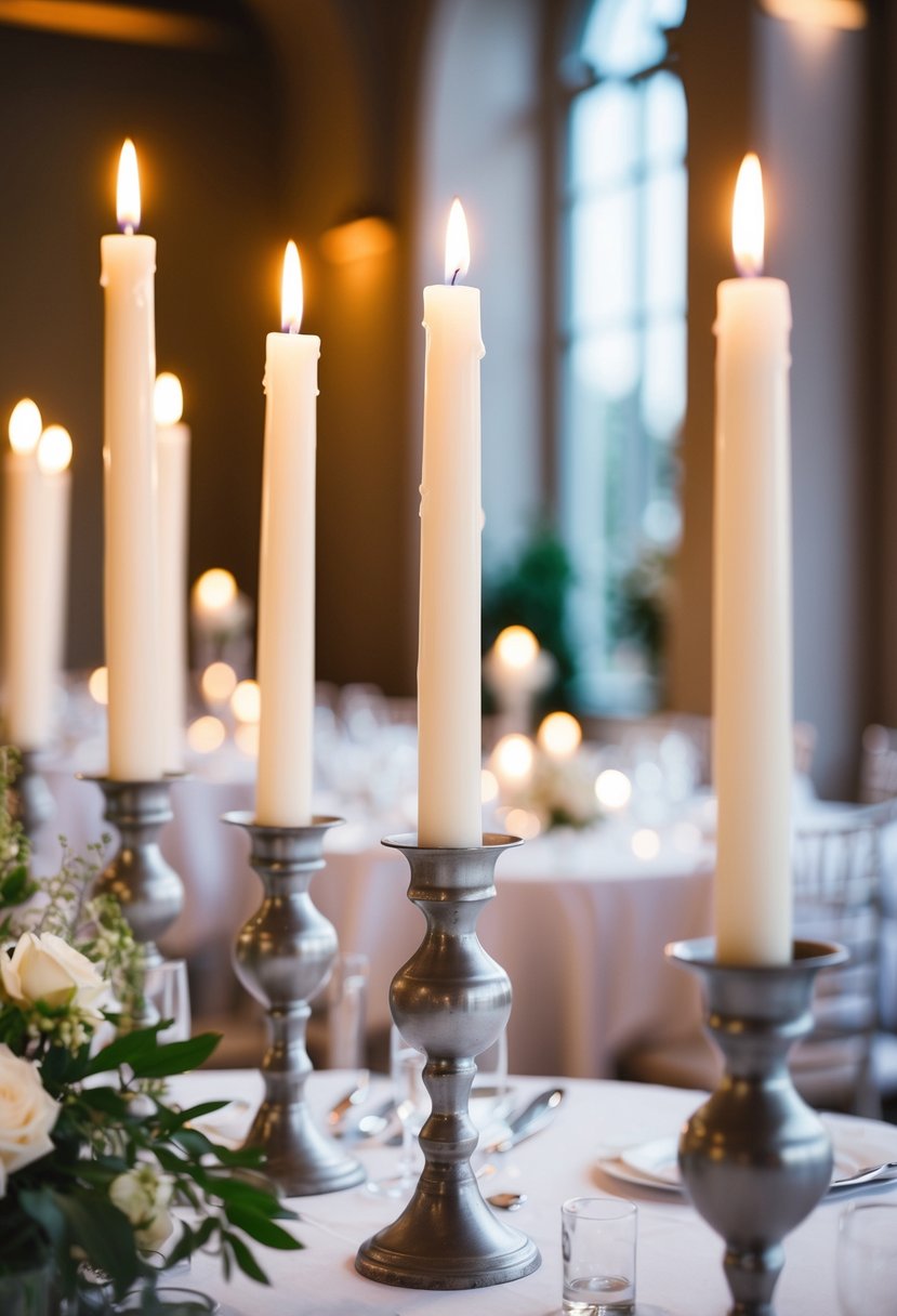 Tall white tapers in pewter holders drip wax on a wedding table