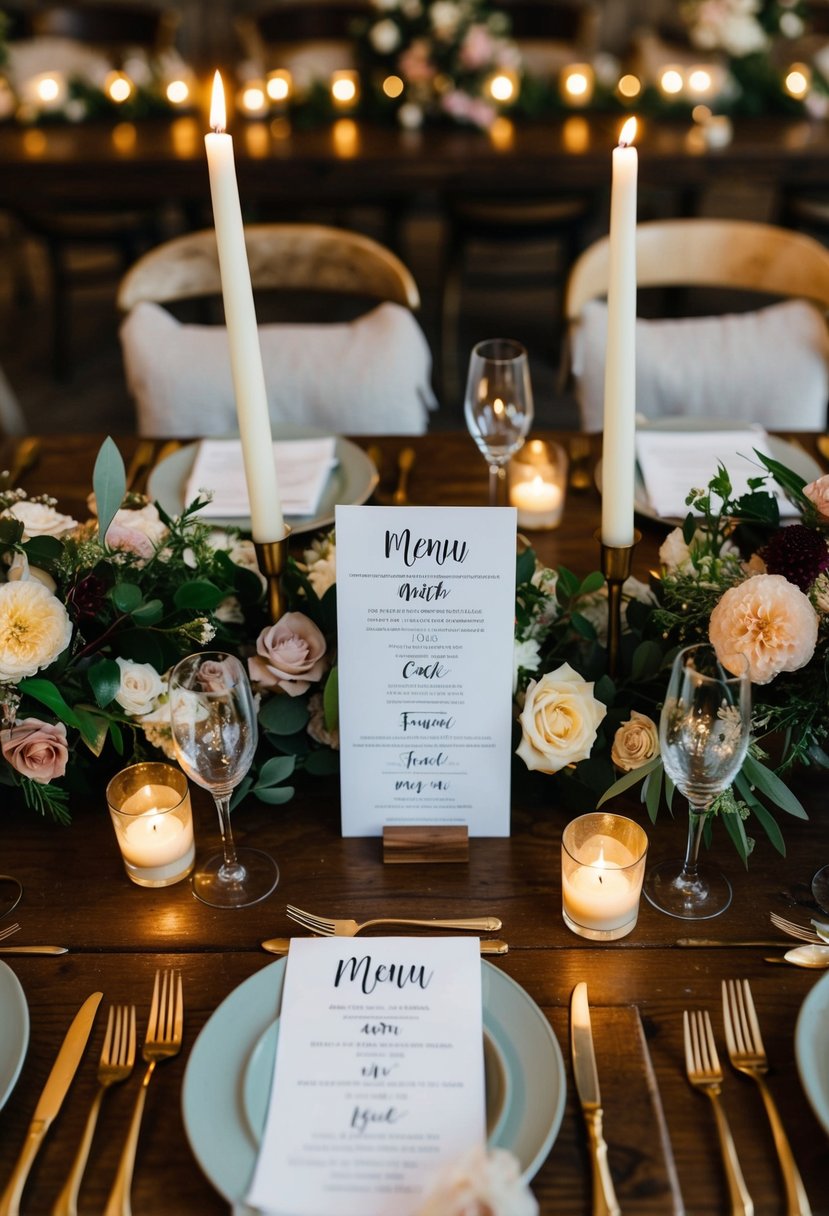 A rustic wooden table adorned with handwritten menu cards, surrounded by floral centerpieces and flickering candles