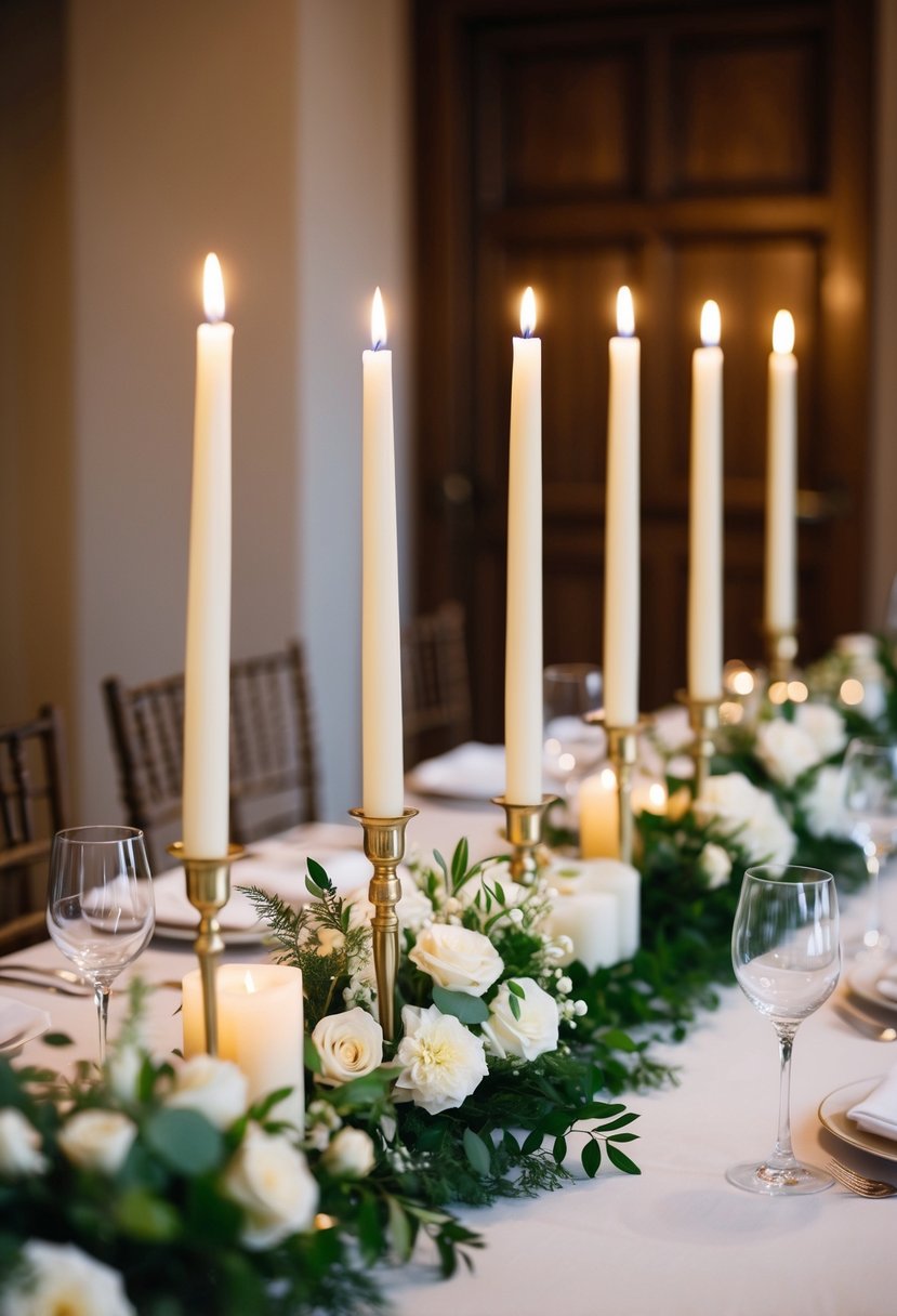 Tall taper candles flank low floral centerpieces on a wedding table, creating a romantic and elegant atmosphere